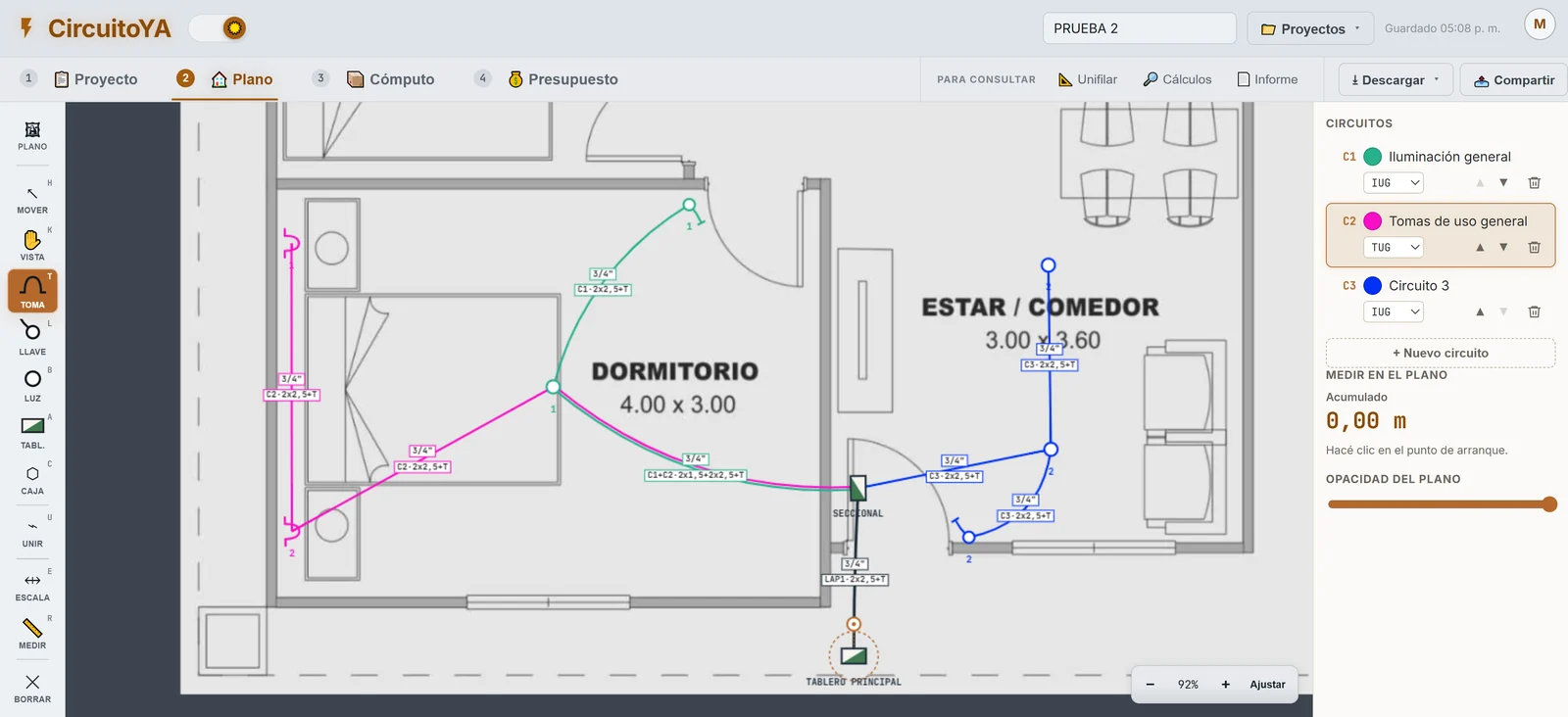 El plano de CircuitoYA con la barra de herramientas a la izquierda y el panel de circuitos a la derecha