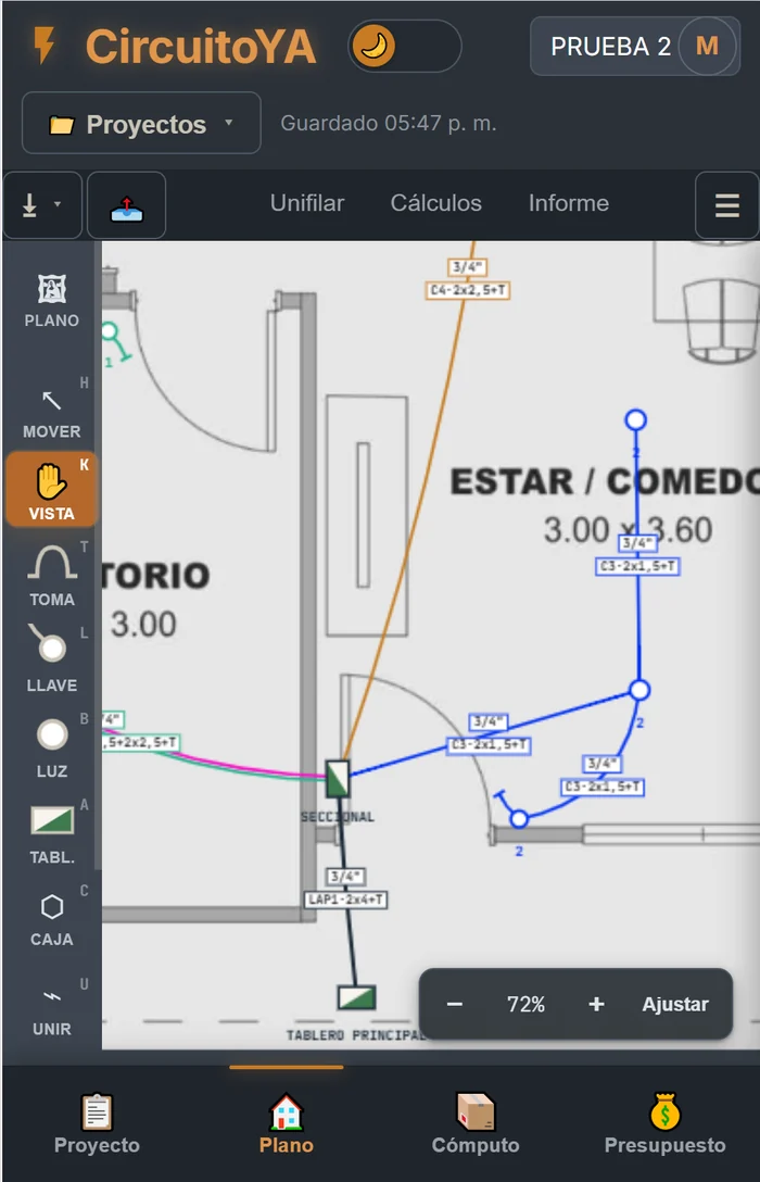 CircuitoYA abierta en un celular: el plano del departamento con los circuitos dibujados y la botonera de Proyecto, Plano, Cómputo y Presupuesto al pie