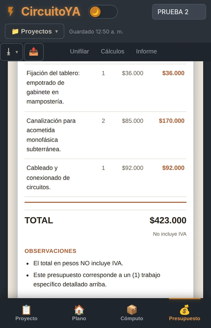 La misma app en el celular, en la pestaña Presupuesto: los renglones del trabajo con cantidad, costo unitario y subtotal, y el total del presupuesto abajo