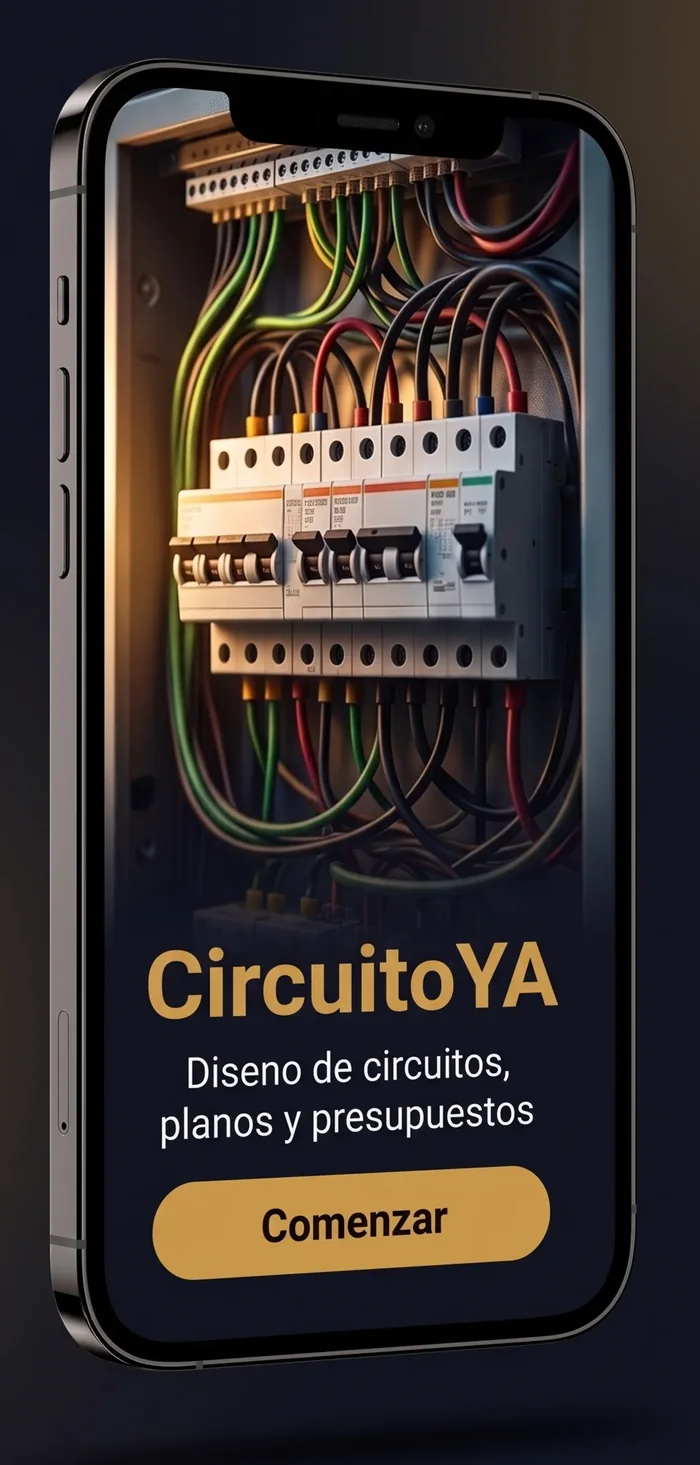CircuitoYA abierta en un celular, sobre la foto de un tablero eléctrico con sus térmicas y el cableado por colores